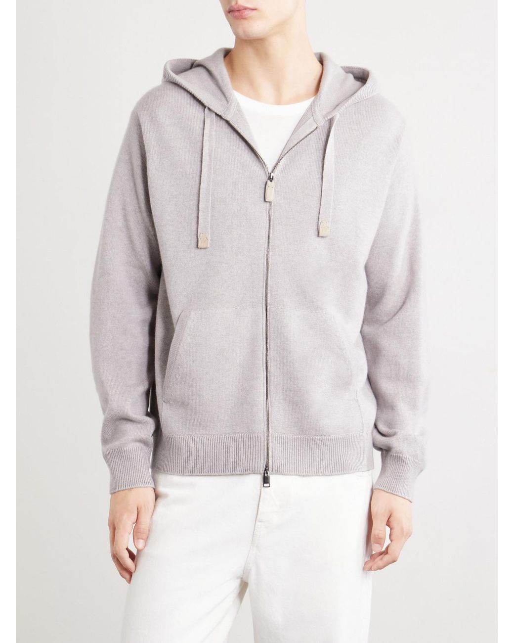 Brioni Gray Hooded Leather-trimmed Cashmere Zip-through Sweater for men
