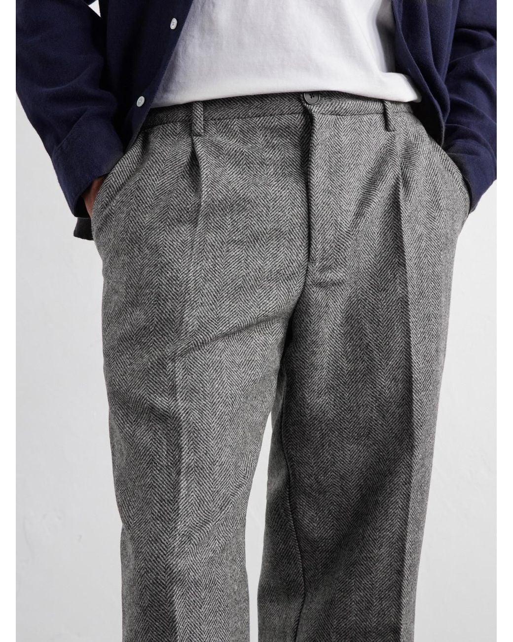 Portuguese Flannel Gray Straight-Leg Pleated Wool Herringbone Trousers for men