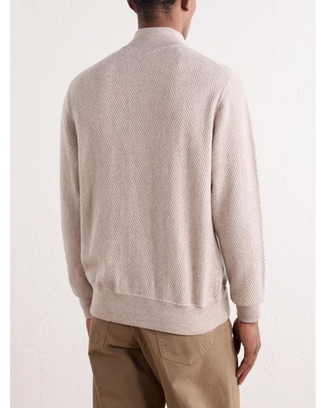 N.Peal Cashmere Natural Knightsbridge Herringbone Cashmere Zip-Up Cardigan for men