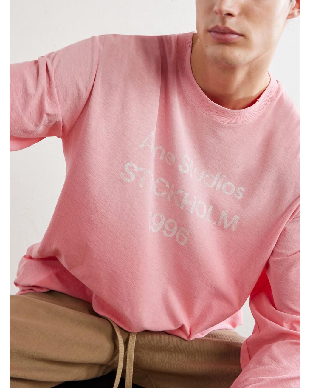 Acne Pink Edden U 1996 Logo-Print Distressed Cotton And Hemp-Blend T-Shirt for men
