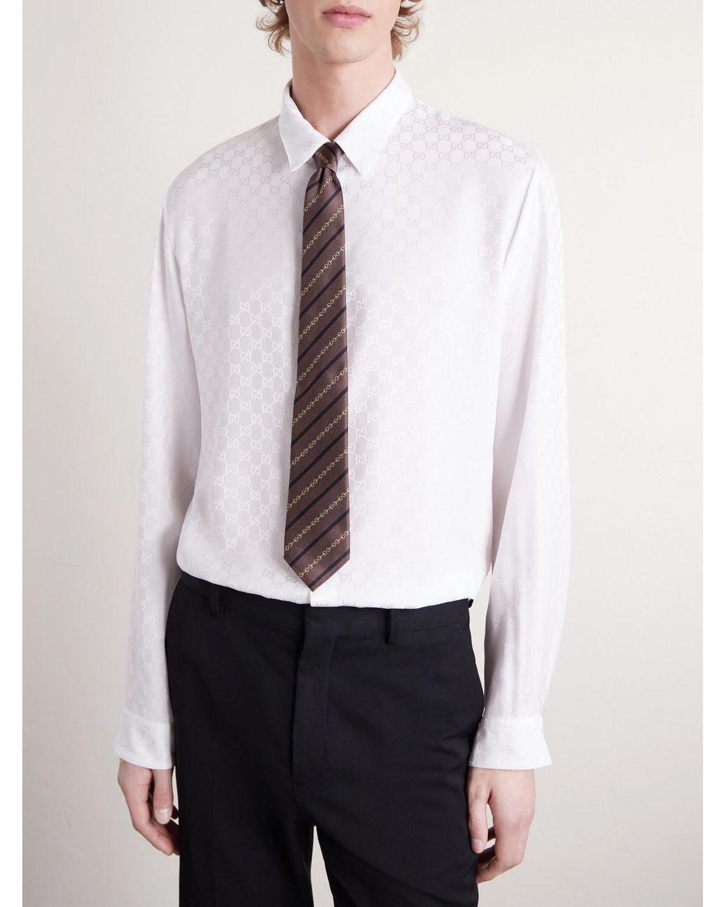 Gucci White Classic-Collar Logo-Jacquard Silk Shirt for men