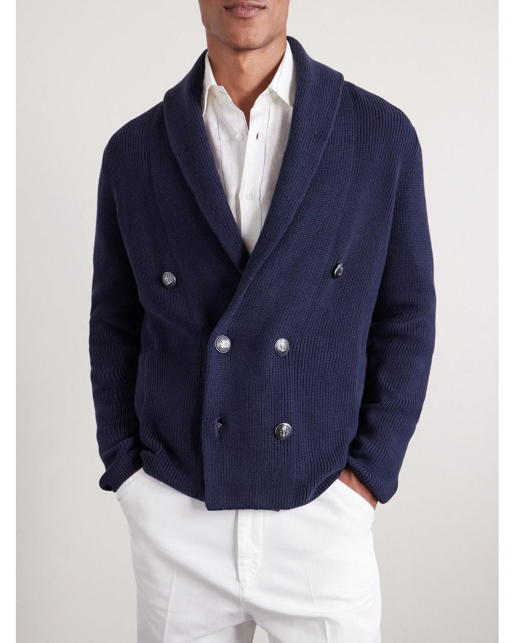 Brunello Cucinelli Blue Shawl-Collar Double-Breasted Ribbed Cotton Cardigan for men