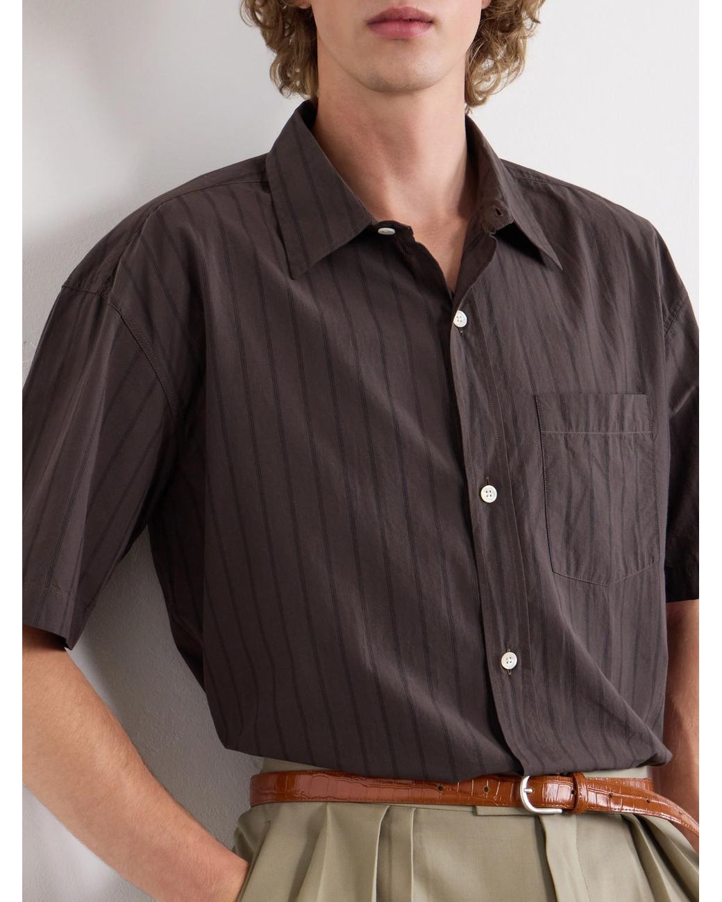 mfpen Brown New Input Striped Cotton-Poplin Shirt for men