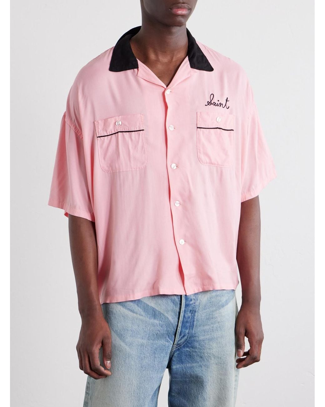 SAINT Mxxxxxx Pink Deck Of Cards Convertible-Collar Logo-Embroidered Satin Shirt for men