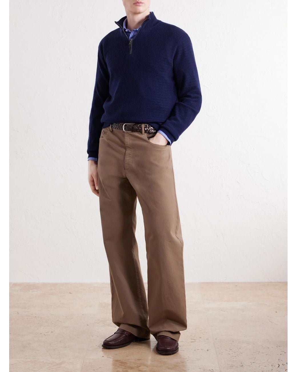 Canali Blue Ribbed Wool And Cashmere-Blend Half-Zip Sweater for men