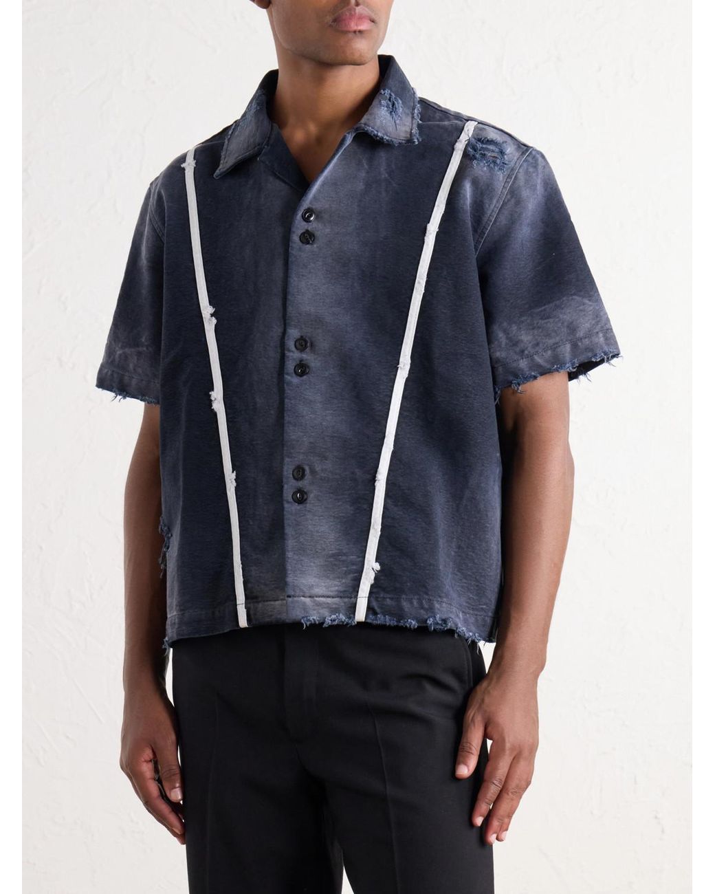 SEKRIT Blue The 1% M.C. Logo-Detailed Distressed Denim Shirt for men