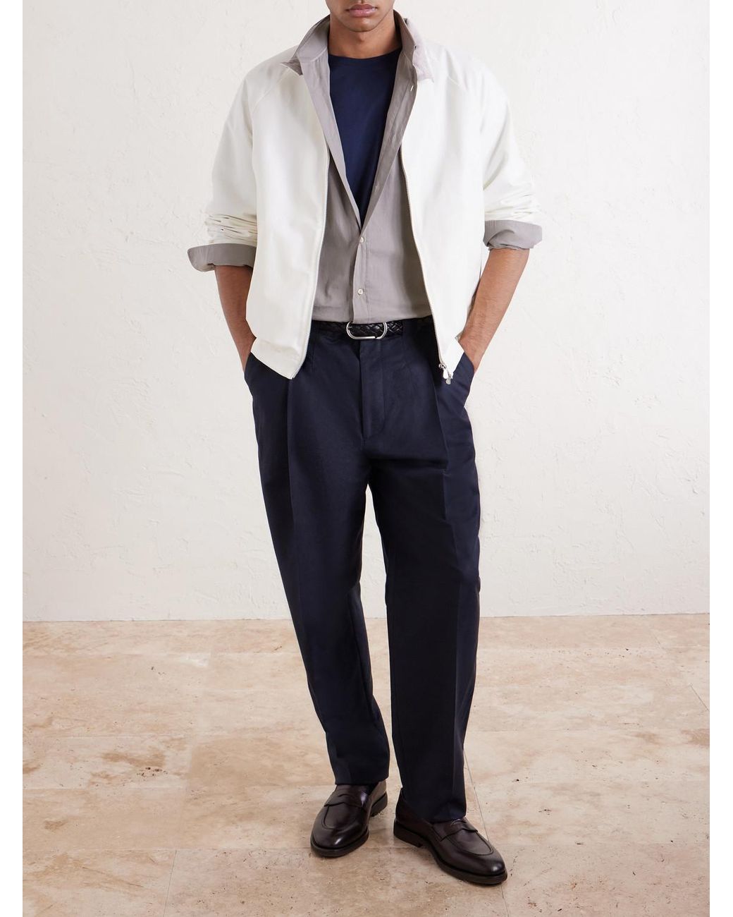 Brunello Cucinelli Blue Tapered Pleated Cotton And Linen-blend Trousers for men