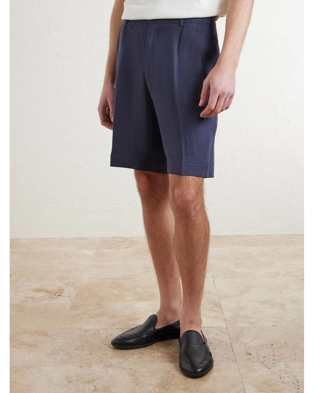 Rubinacci Blue Straight-leg Pleated Linen Shorts for men