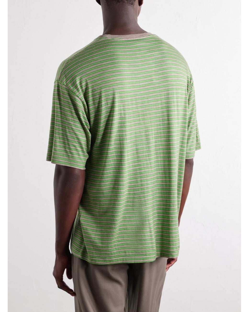 Auralee Green Striped Wool-Jersey T-Shirt for men