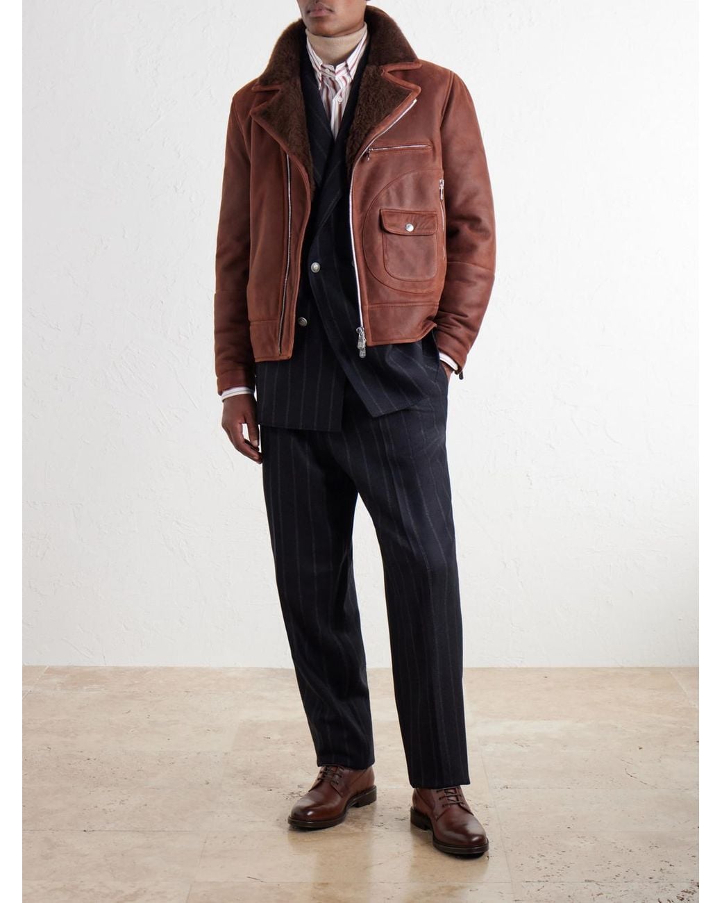 Brunello Cucinelli Brown Shearling-Trimmed Leather Jacket for men