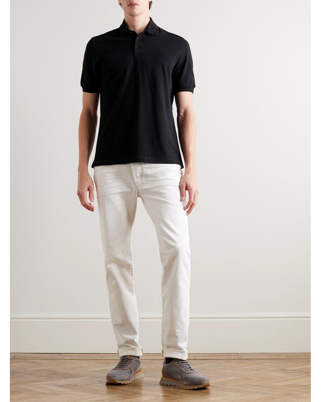 Brunello Cucinelli Black Slim-Fit Cotton-Piqué Polo Shirt for men