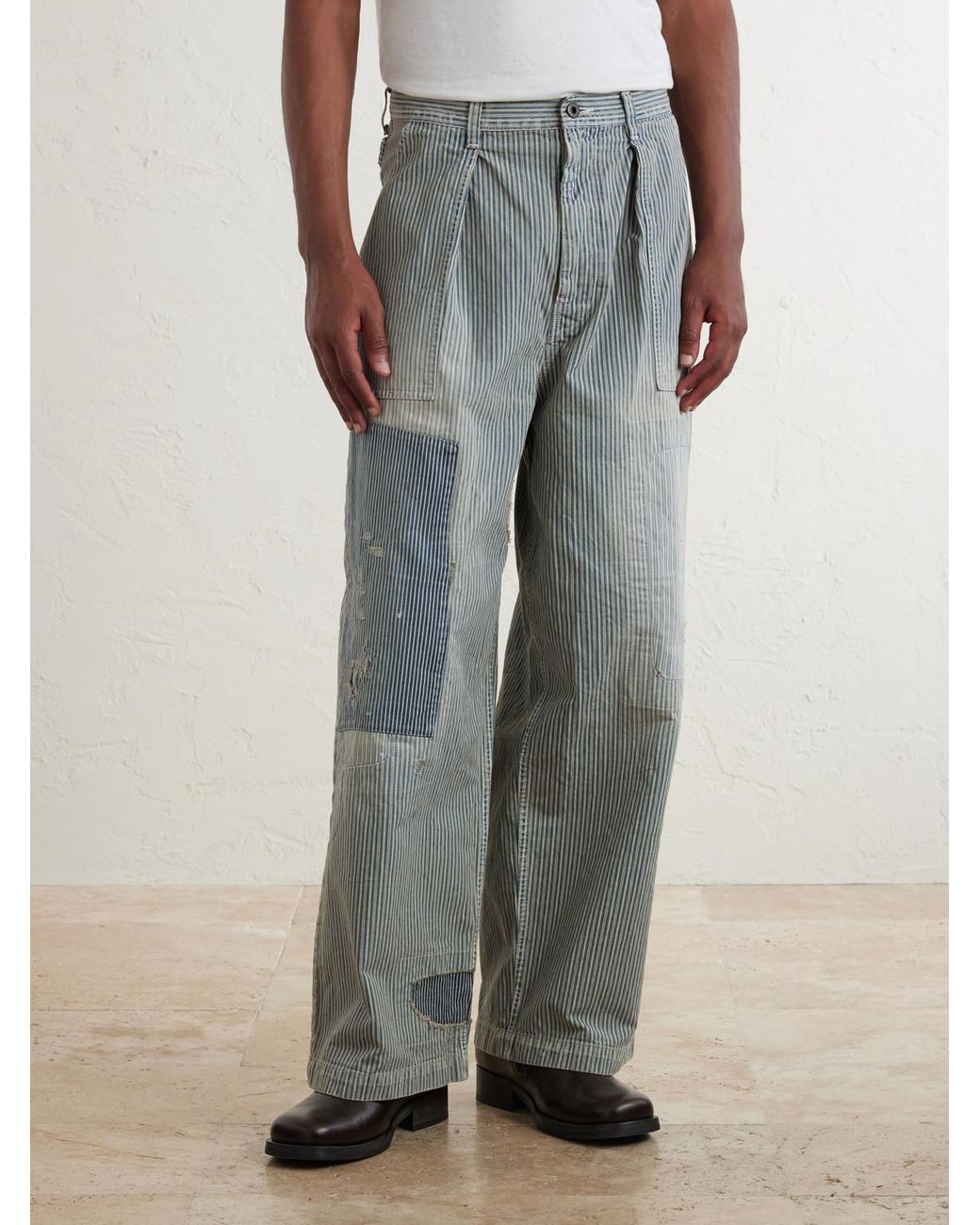 Kapital Blue Liberty Hicoree Fatigue Wide-Leg Striped Distressed Patchwork Cotton-Twill Trousers for men