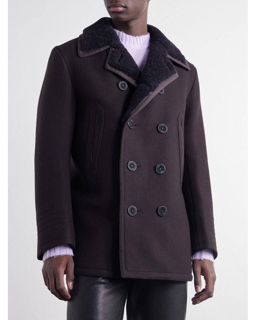 Tom Ford Black Shearling And Leather-Trimmed Woven Wool-Blend Coat for men