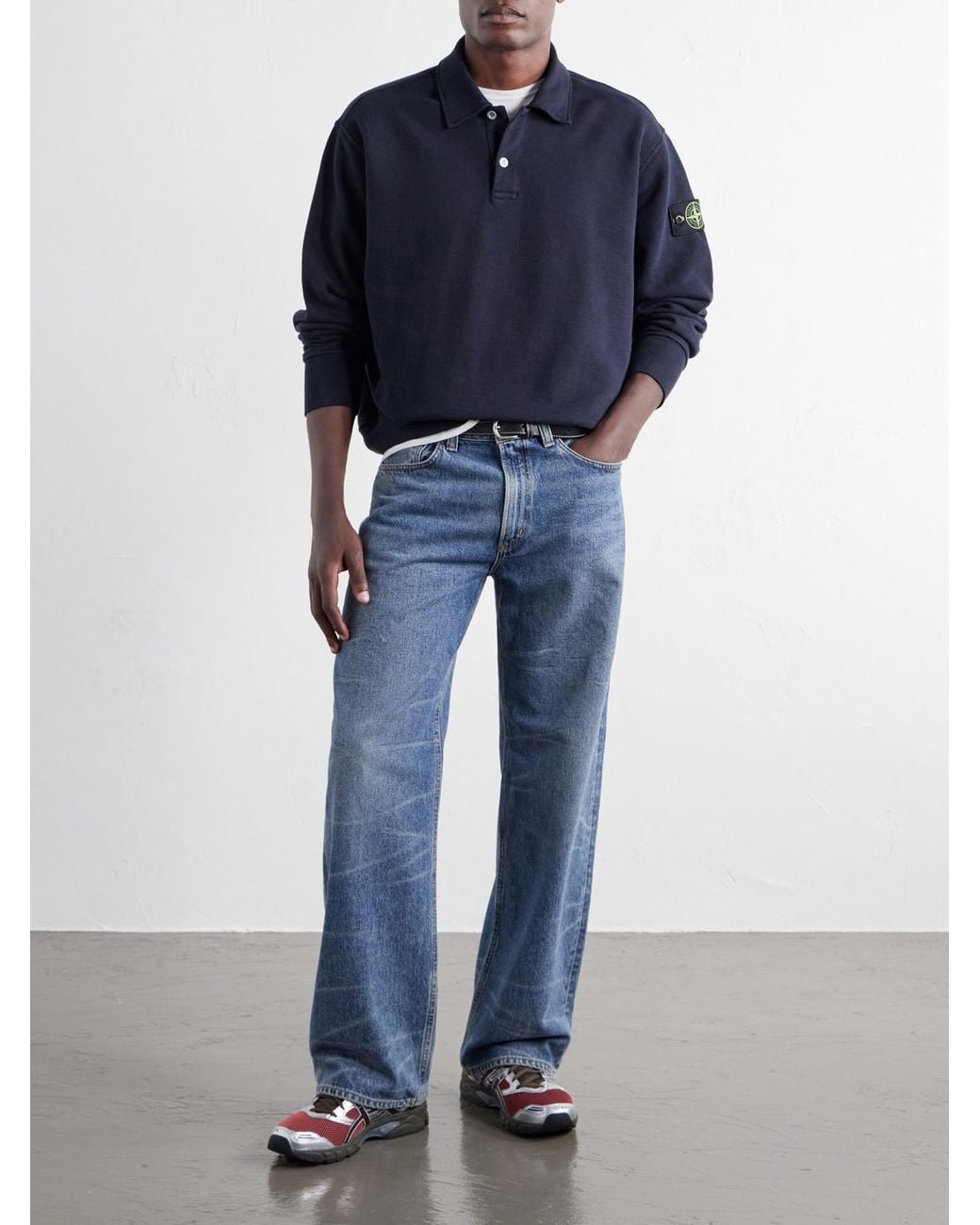 Stone Island Blue Garment-Dyed Tubular Cotton-Fleece Polo Sweater for men