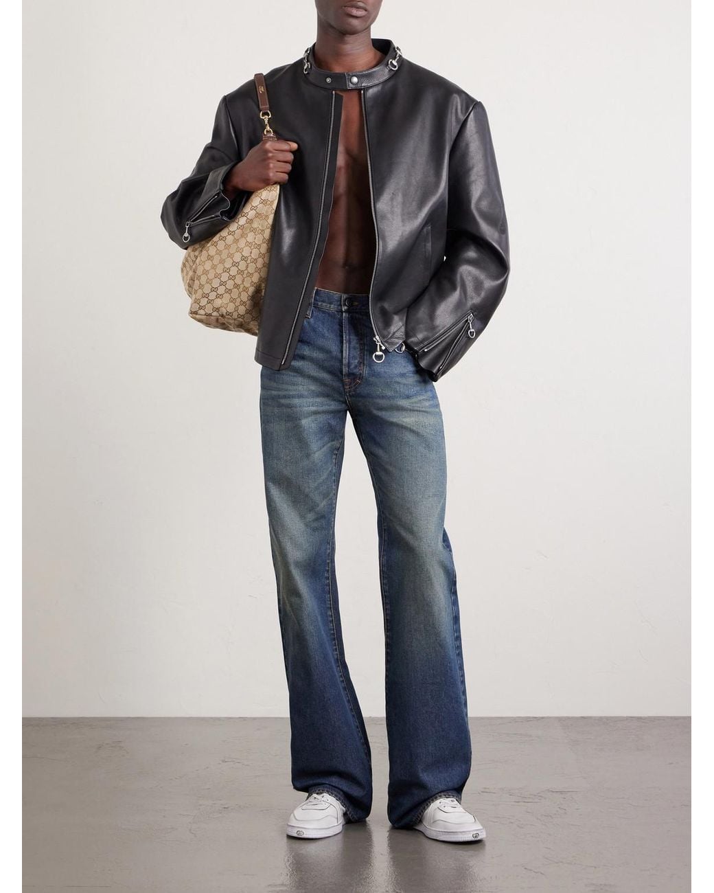 Gucci Black Horsebit-Embellished Leather Bomber Jacket for men
