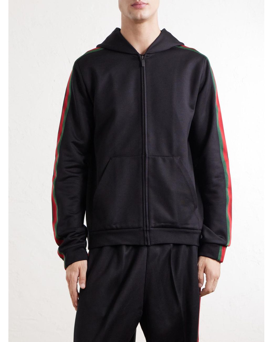 Gucci Blue Webbing-Trimmed Silk And Cotton-Blend Jersey Zip-Up Hoodie for men
