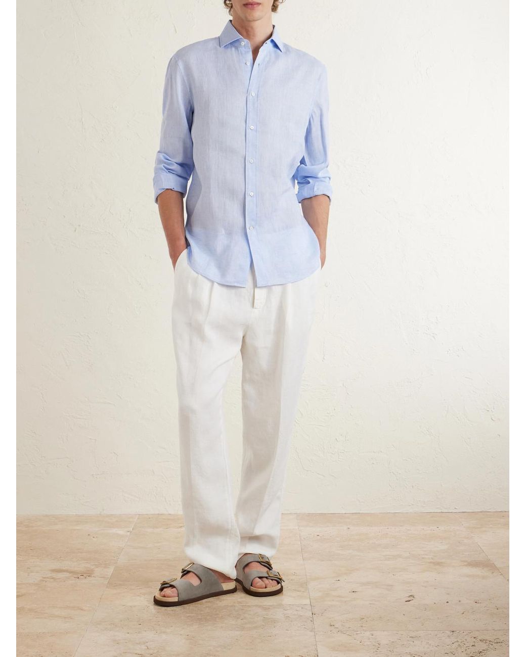 Brunello Cucinelli White Tapered Pleated Linen-twill Drawstring Trousers for men