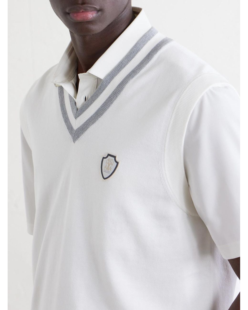 Brunello Cucinelli White Logo-Embroidered Cotton Golf Sweater Vest for men