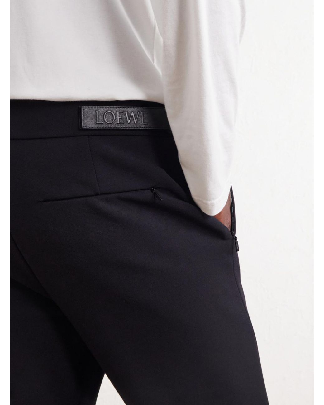 Loewe Blue Tapered Leather-Trimmed Wool-Blend Twill Trousers for men