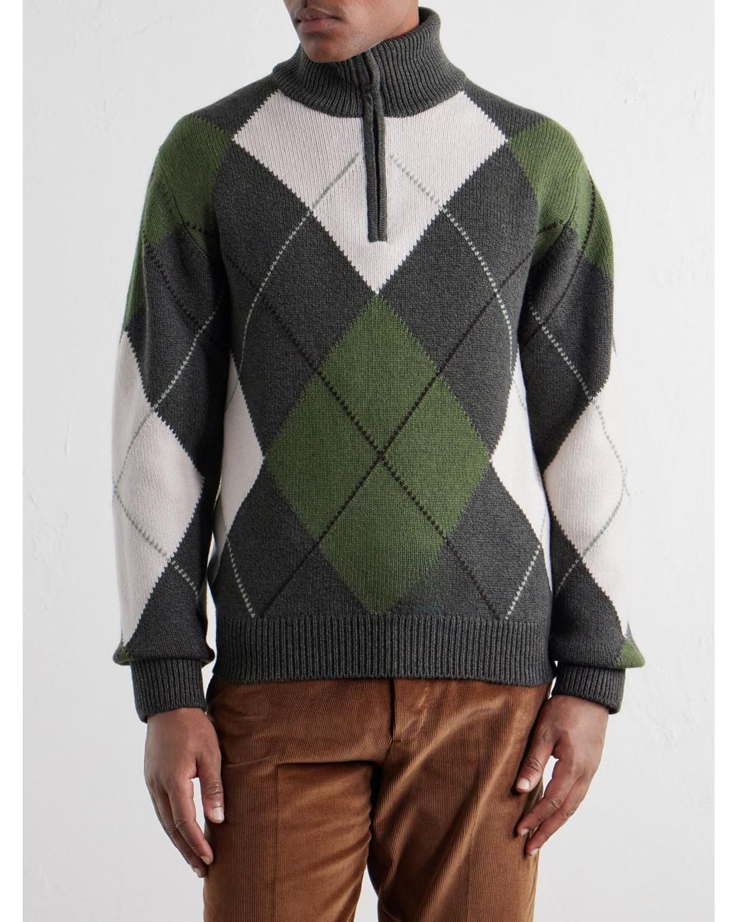 James Purdey & Sons Green Intarsia-Knit Argyle Wool And Cashmere-Blend Half-Zip Sweater for men