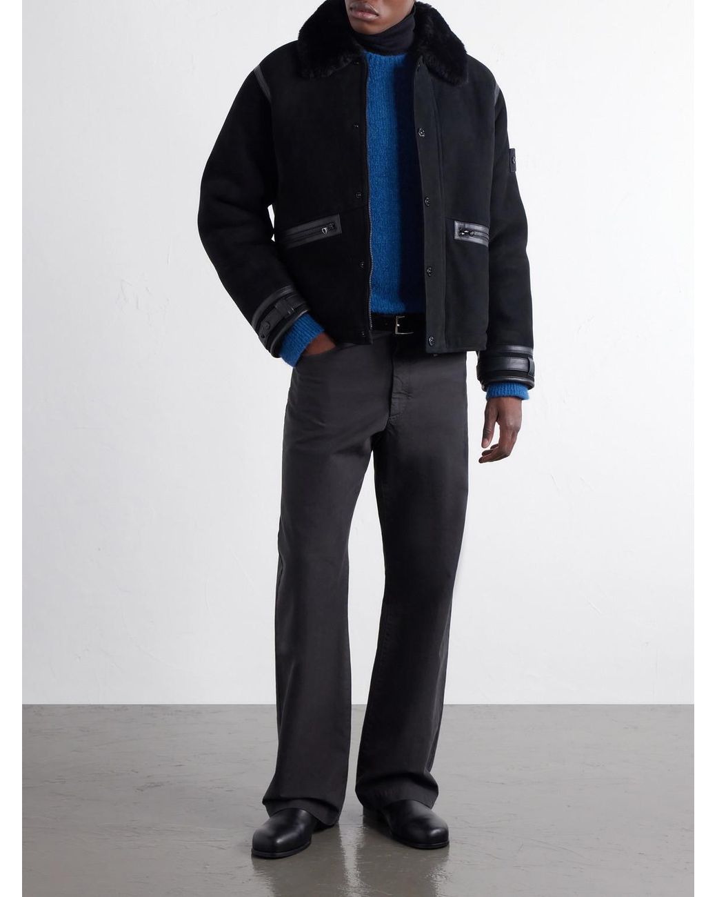 Stone Island Black Ghost Leather And Shearling-Trimmed Suede Jacket for men