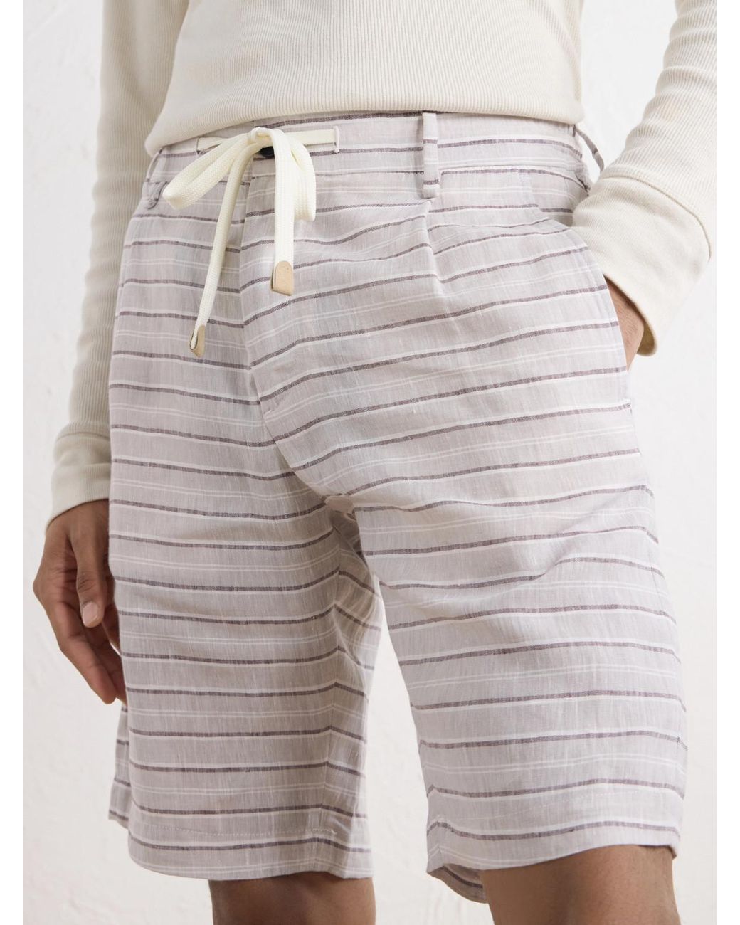 Eleventy White Straight-Leg Striped Drawstring Linen Shorts for men