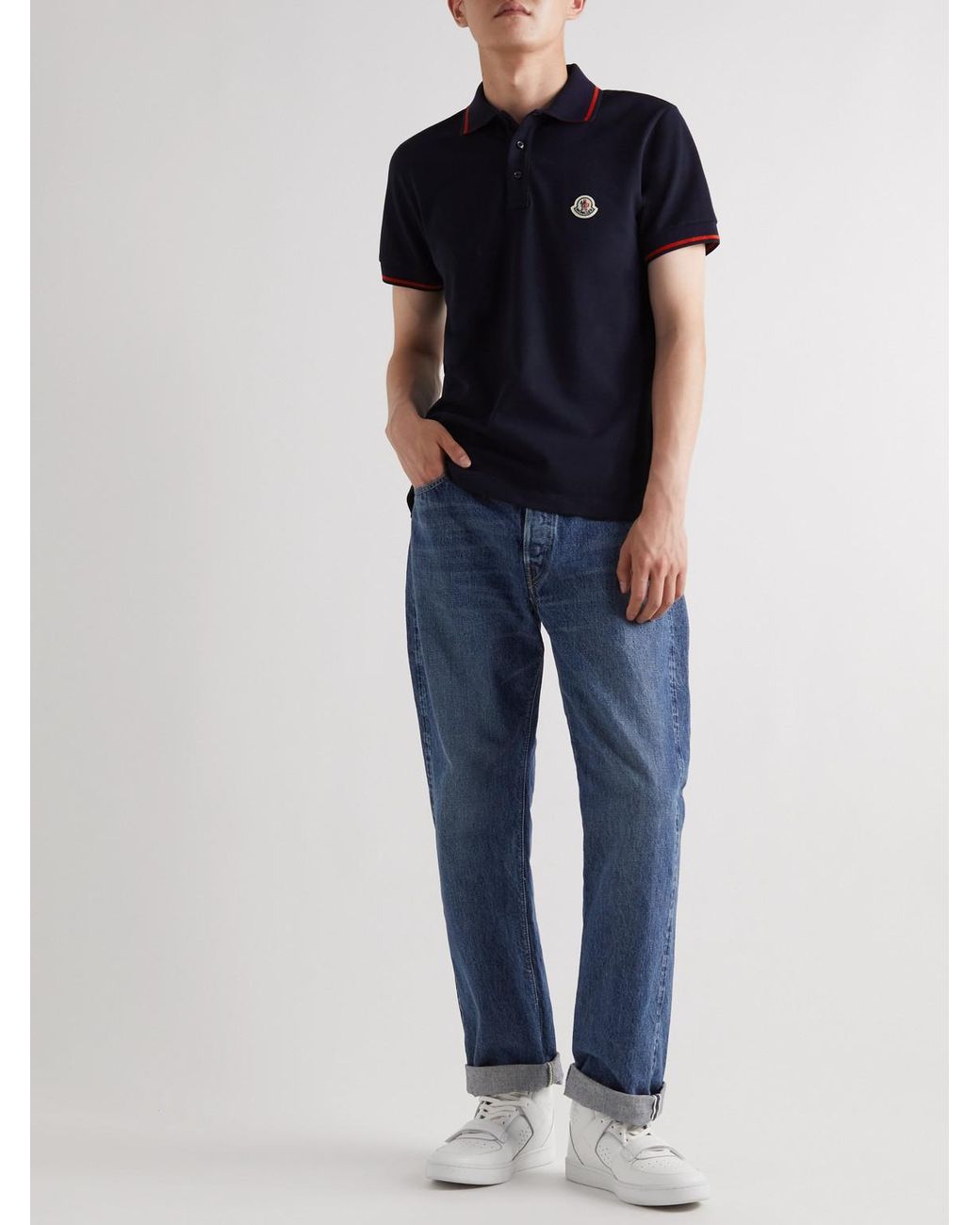 Moncler Blue Logo-Appliquéd Cotton-Piqué Polo Shirt for men