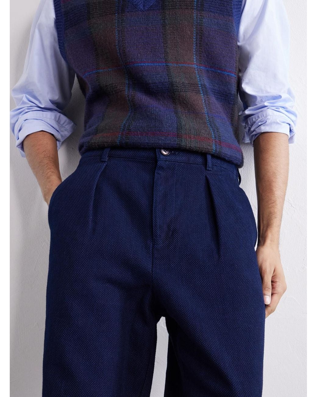 Blue Blue Japan Blue Wide-Leg Pleated Cotton-Sashiko Trousers for men