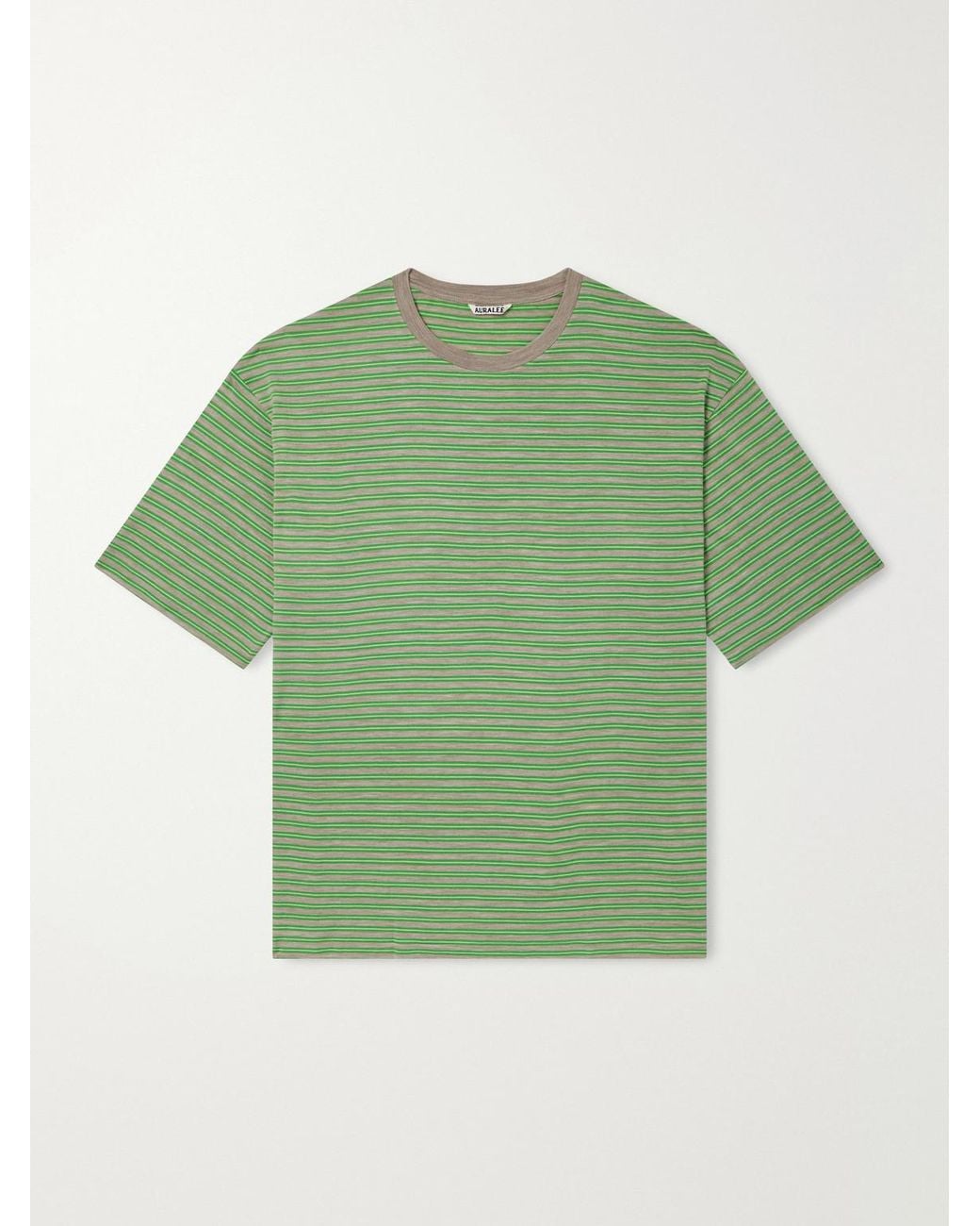Auralee Green Striped Wool-Jersey T-Shirt for men