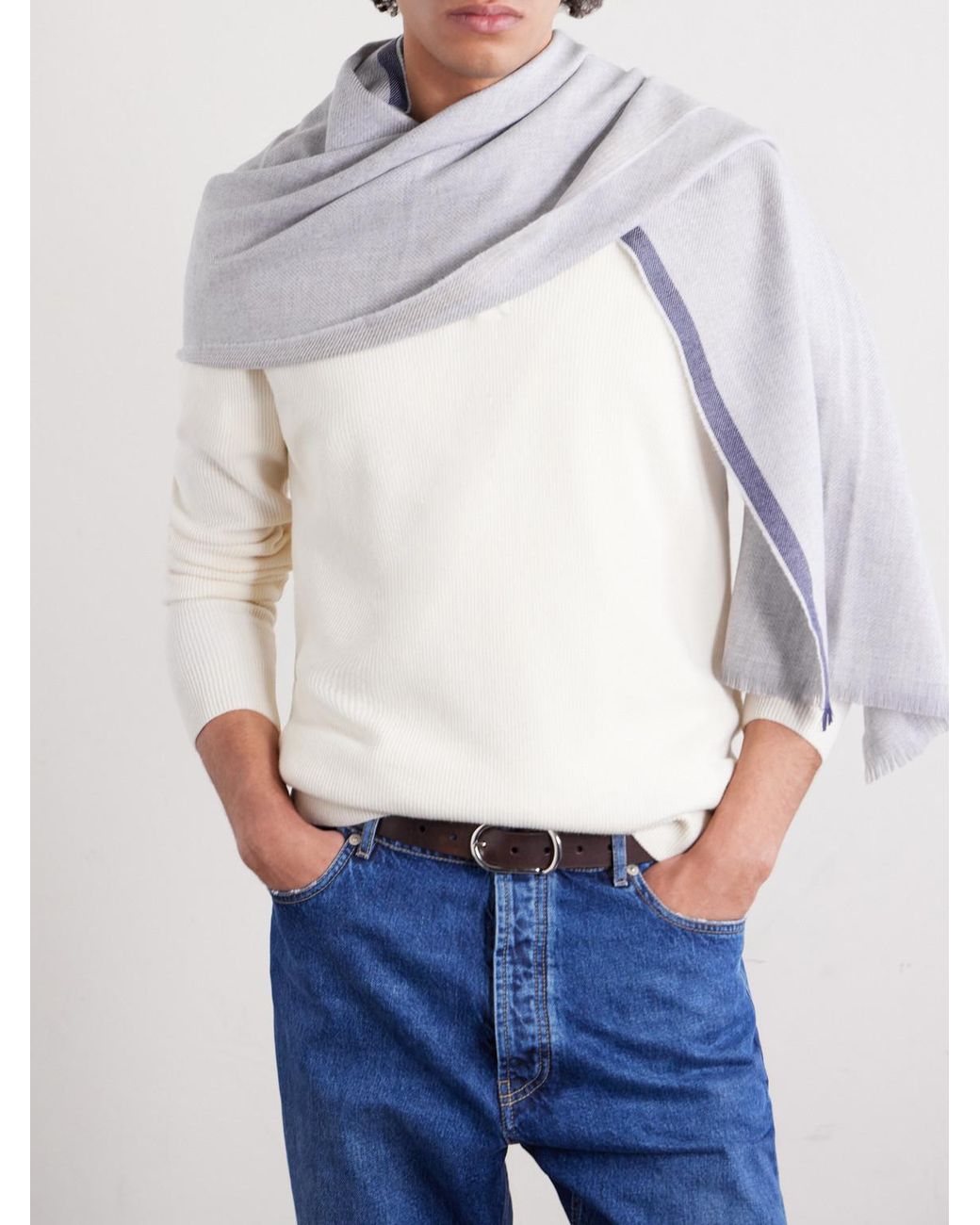 Brunello Cucinelli White Fringed Wool And Cashmere-Blend Scarf for men