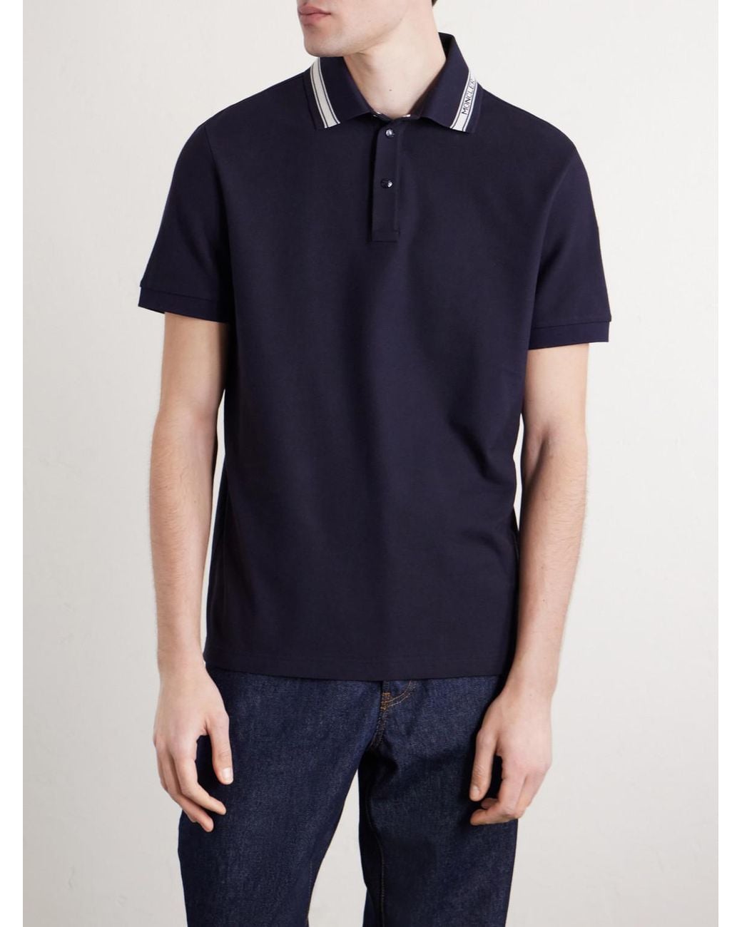 Moncler Blue Logo-Appliquéd Honeycomb-Knit Cotton Polo Shirt for men