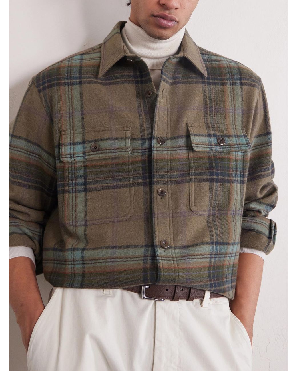 Ralph Lauren Green Checked Wool And Cashmere-Blend Flannel Overshirt for men