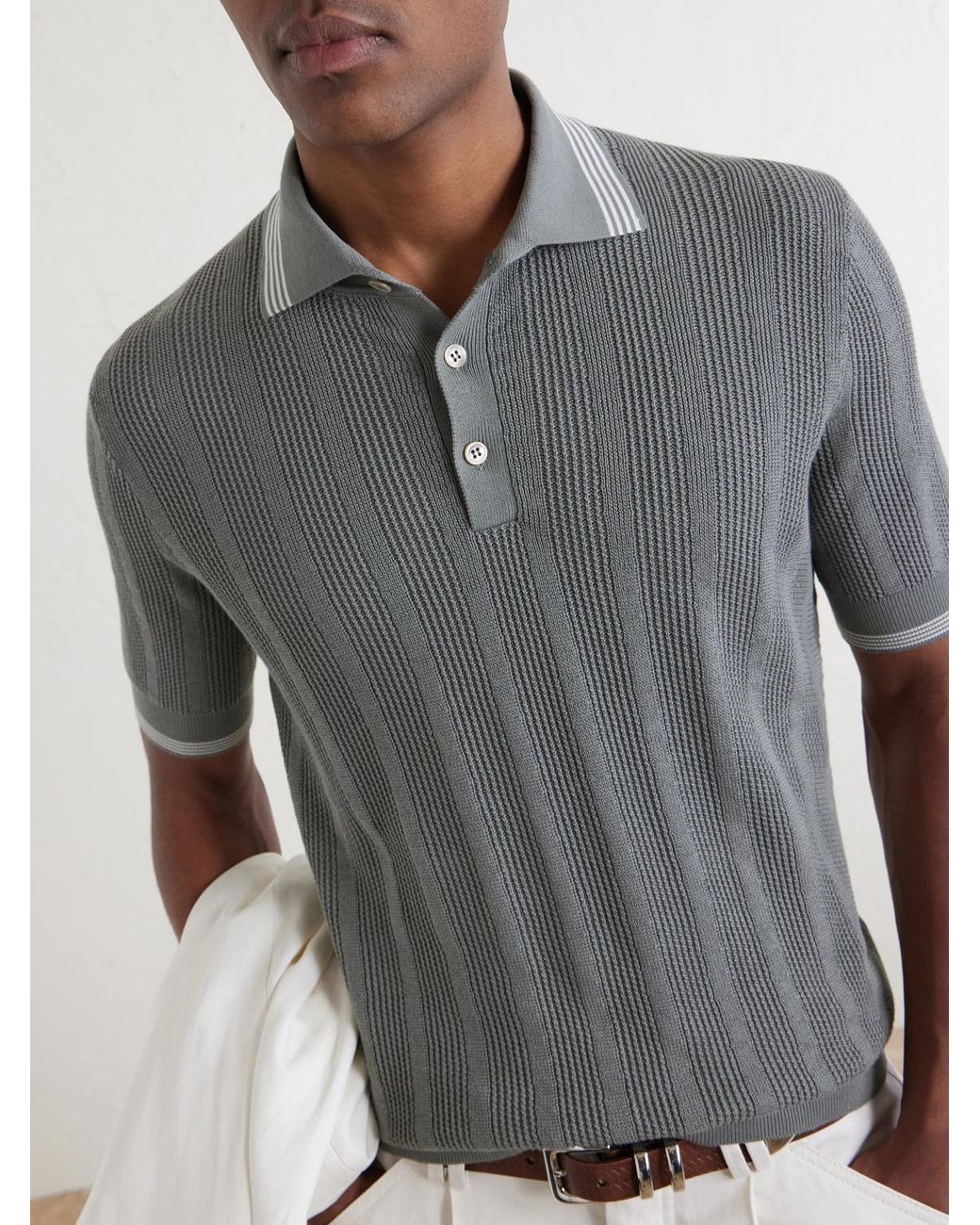 Brunello Cucinelli Gray Striped Pointelle-Knit Cotton Polo Shirt for men