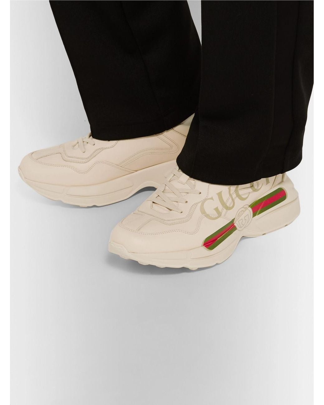 Gucci Natural Rhyton Logo-Print Leather Sneakers for men