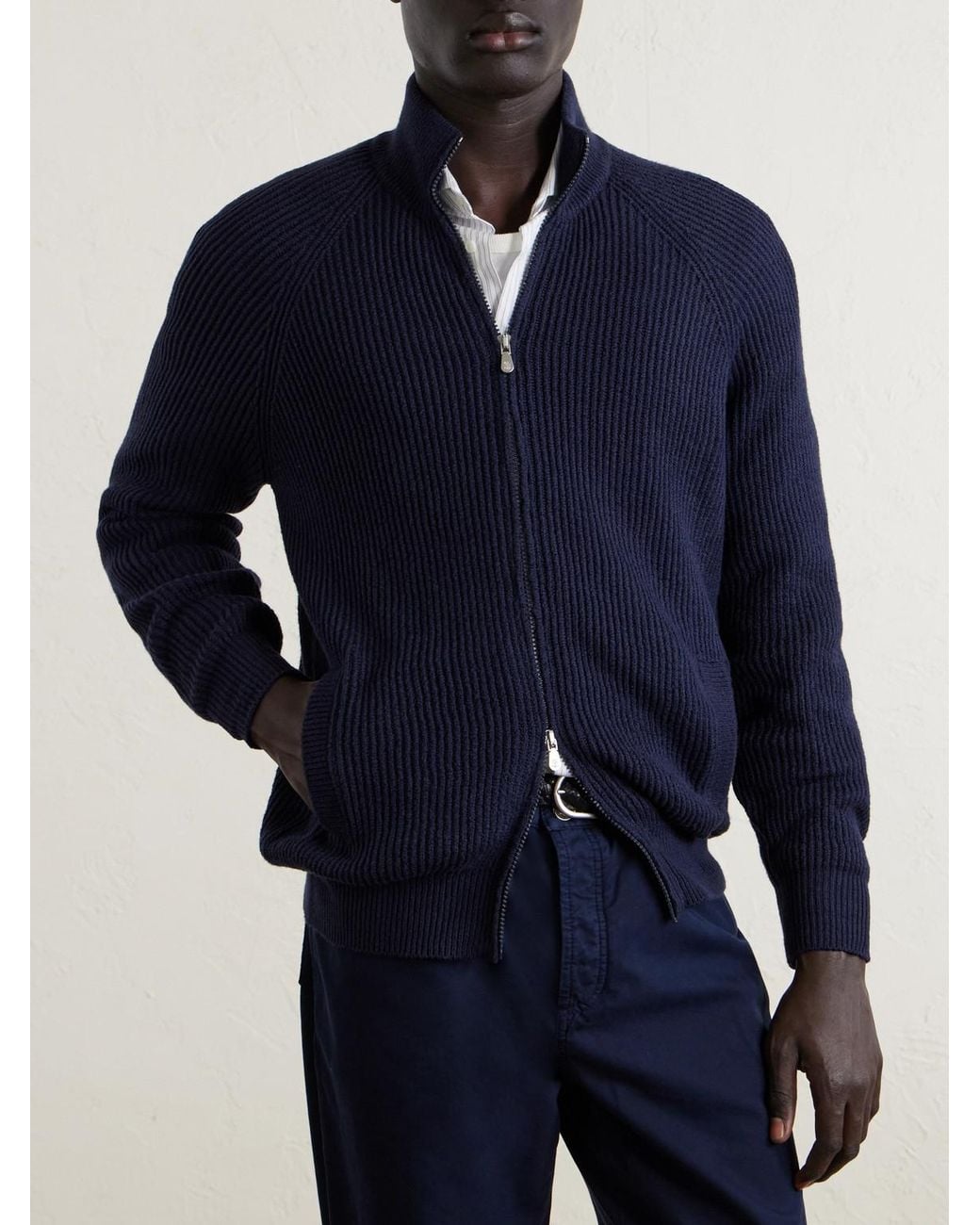 Brunello Cucinelli Blue Ribbed Cotton Zip-Up Sweater for men