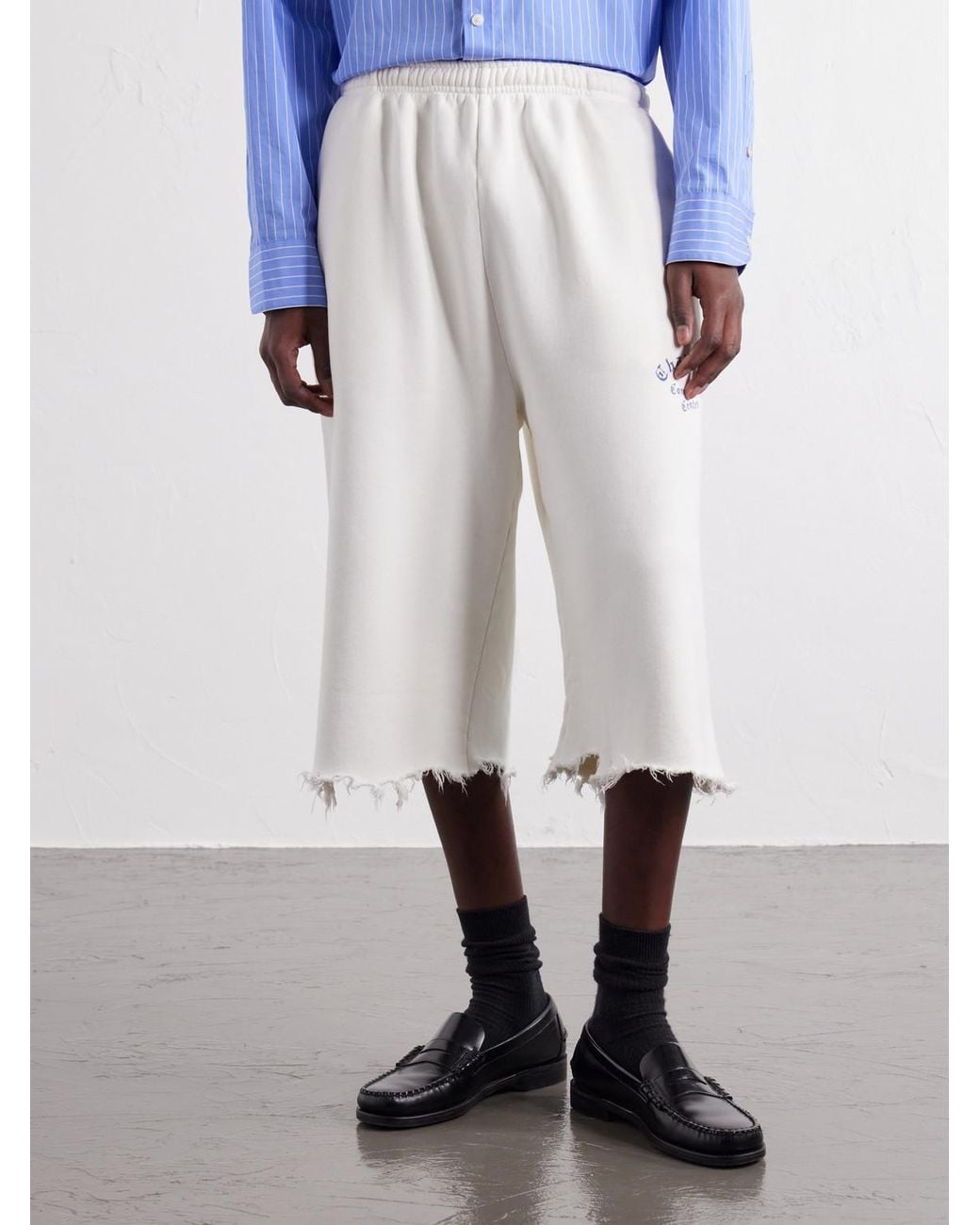 Willy Chavarria White Community Center Distressed Logo-Print Cotton-Jersey Shorts for men