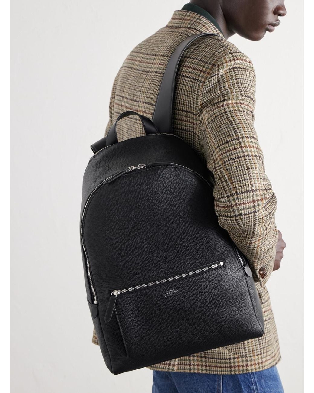 Smythson Black Full-Grain Leather Backpack for men