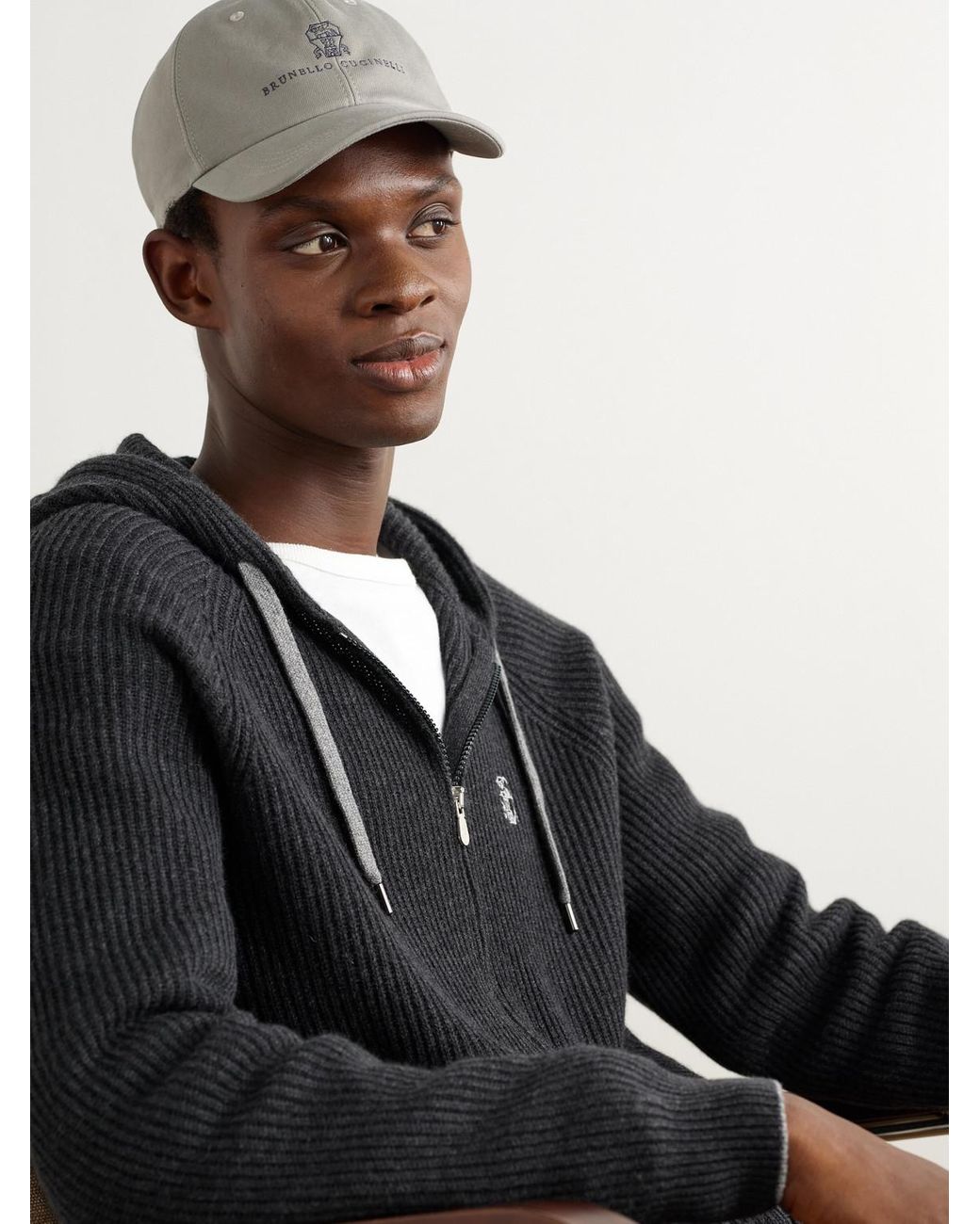 Brunello Cucinelli Gray Logo-Embroidered Leather-Trimmed Cotton-Twill Baseball Cap for men