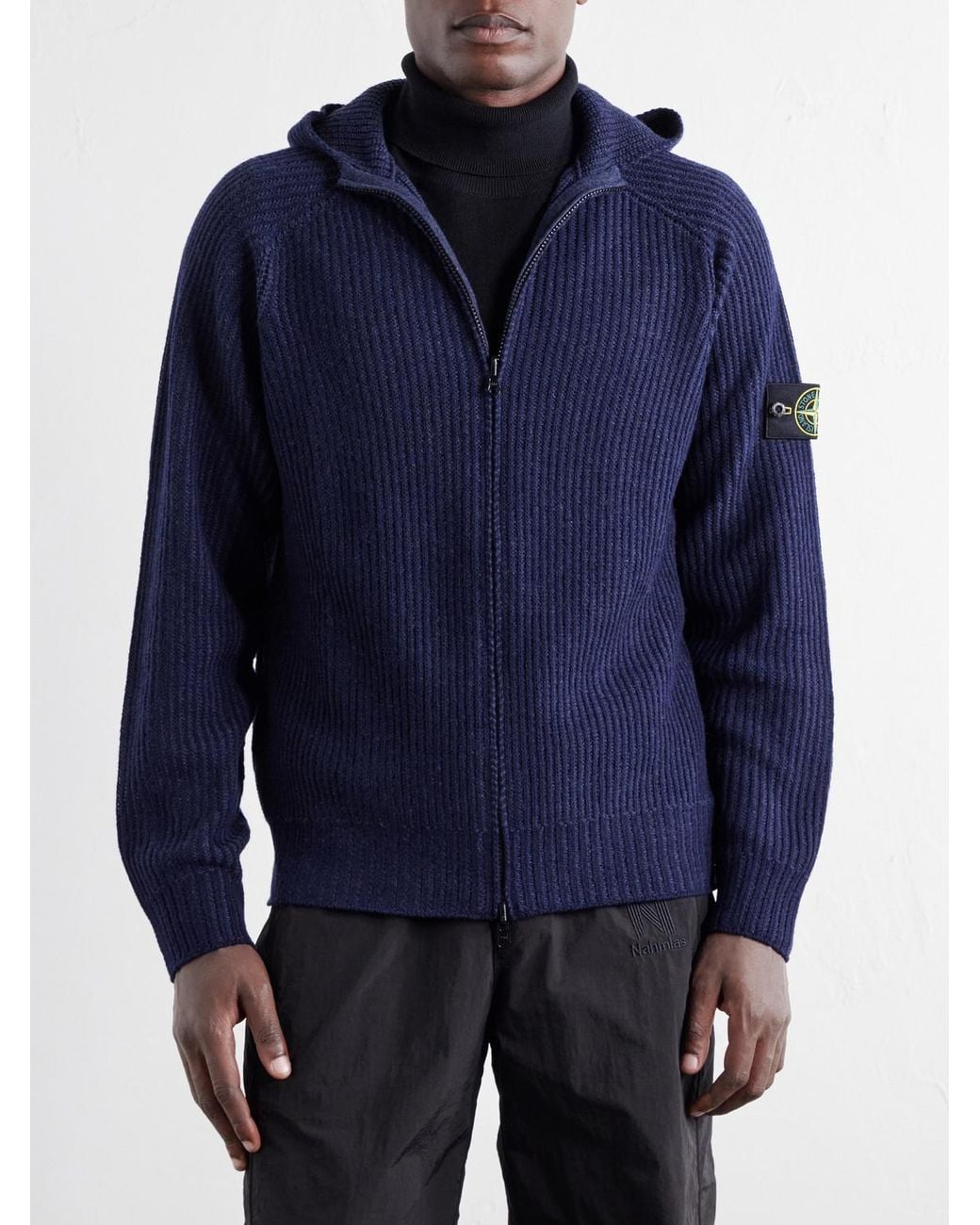 Stone Island Blue Ribbed Cashmere And Wool-Blend Zip-Up Hoodie for men
