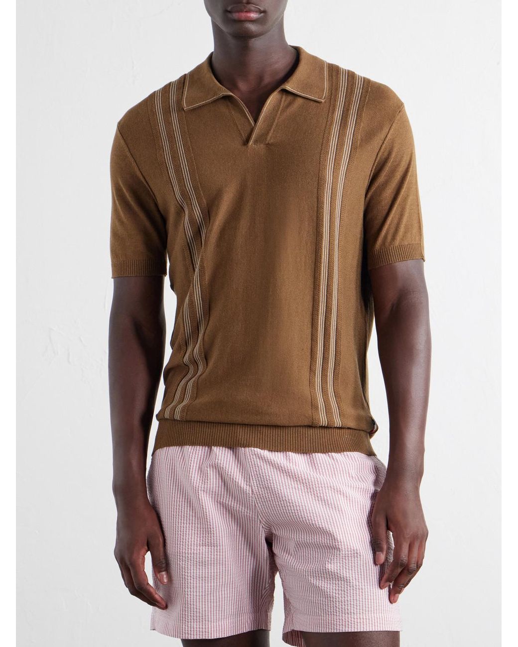 Orlebar Brown Brown Horton Striped Silk And Organic Cotton-Blend Polo Shirt for men