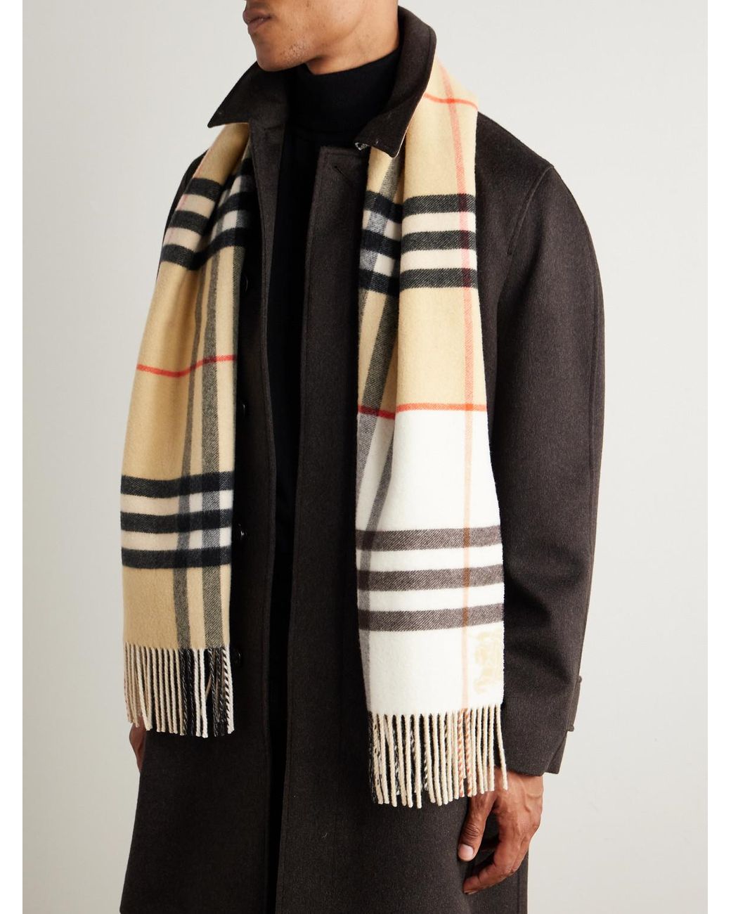Burberry Natural Fringed Checked Cashmere Scarf for men