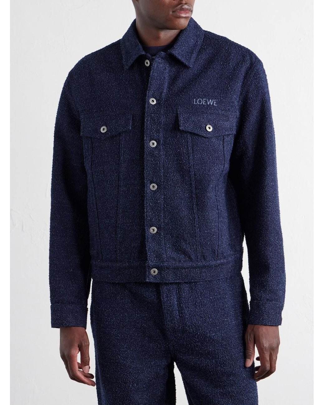Loewe Blue Logo-Embroidered Textured Denim Jacket for men