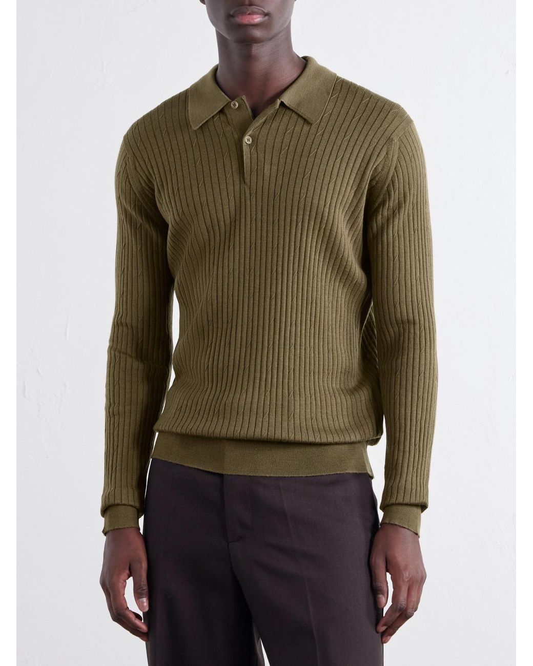 John Smedley Green Hodson Ribbed Merino Wool Polo Shirt for men