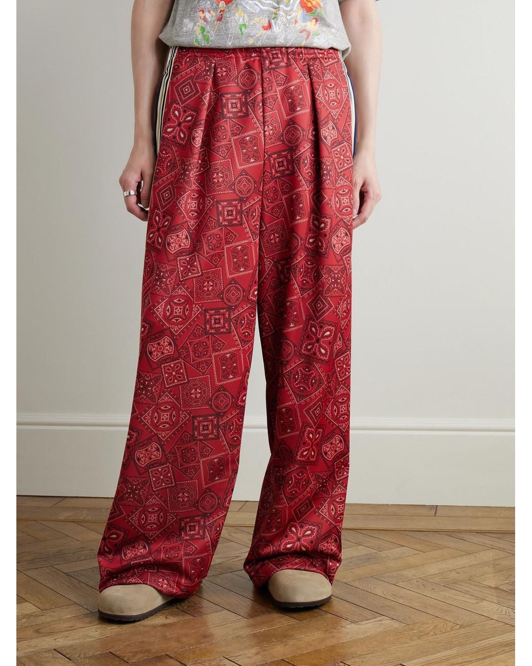 Kapital Red Wide-Leg Striped Webbing-Trimmed Bandana-Print Tech-Jersey Track Pants for men