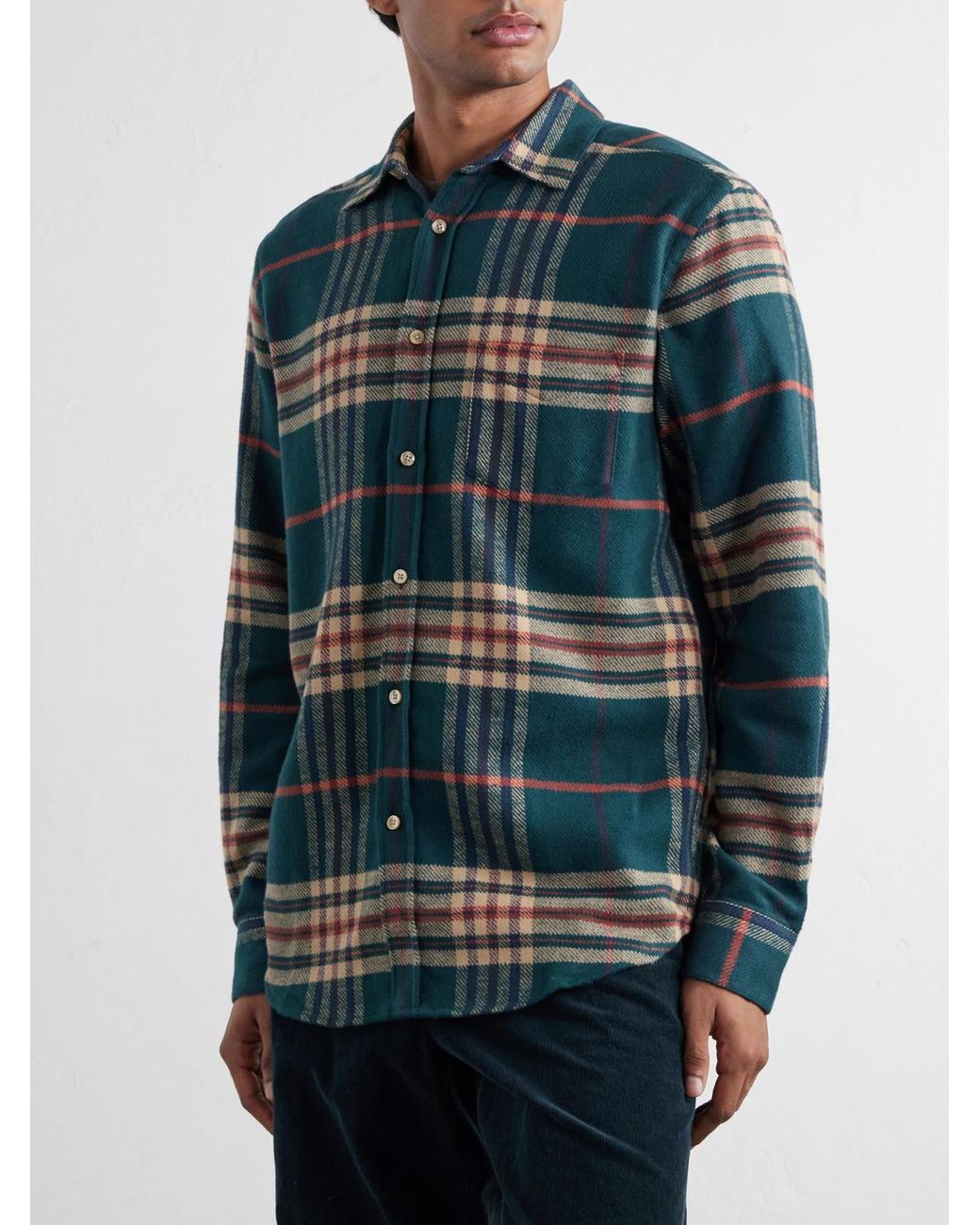 Portuguese Flannel Blue Cervo Checked Cotton-Flannel Shirt for men