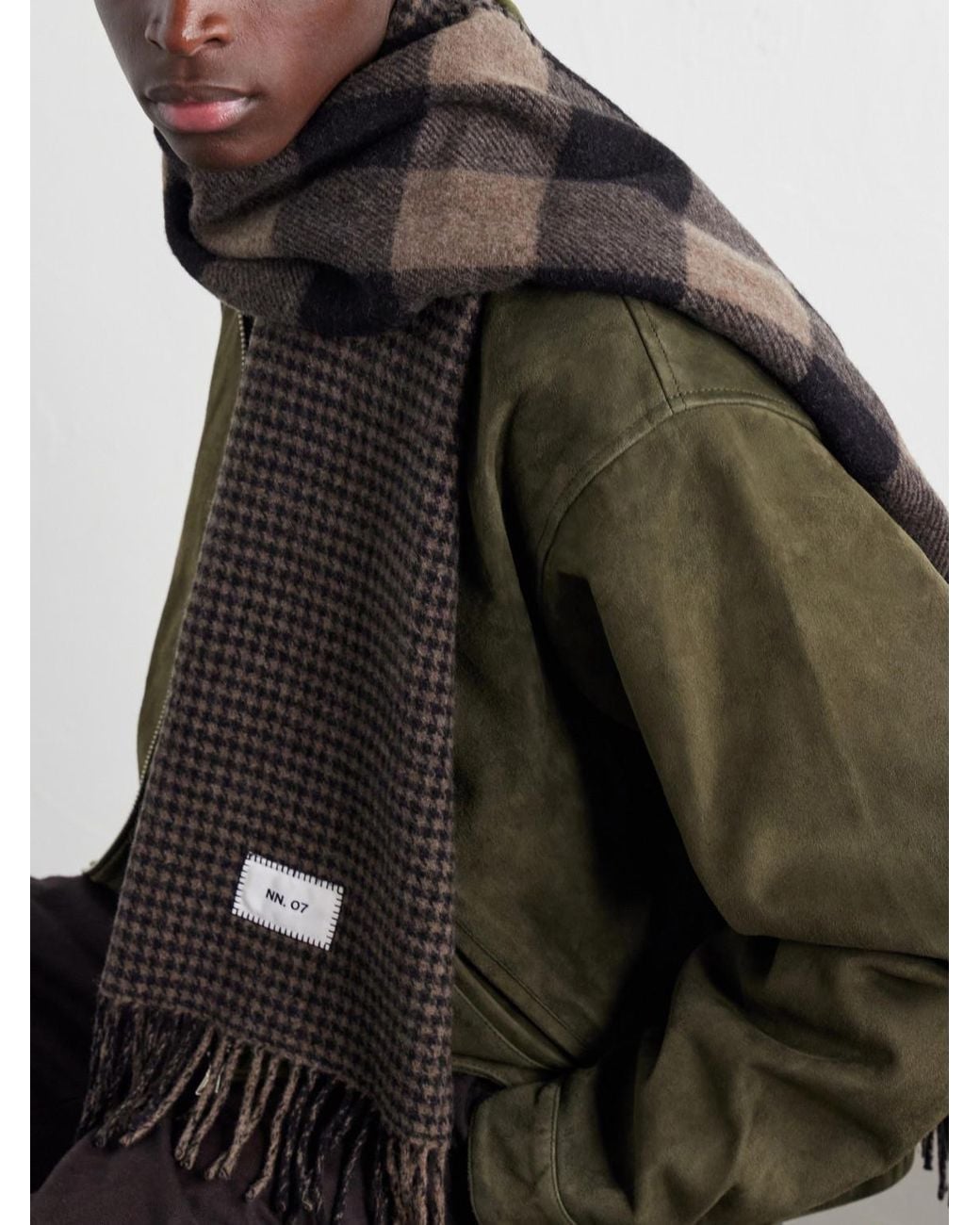 NN07 Black Fringed Checked Wool-Blend Scarf for men