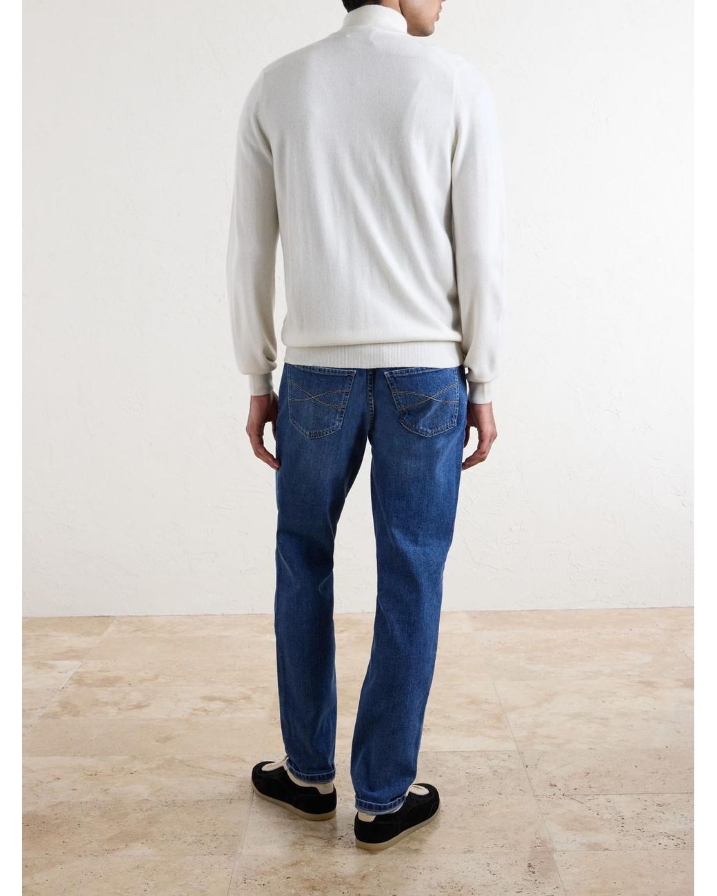 Brunello Cucinelli White Cashmere Zip-Up Sweater for men