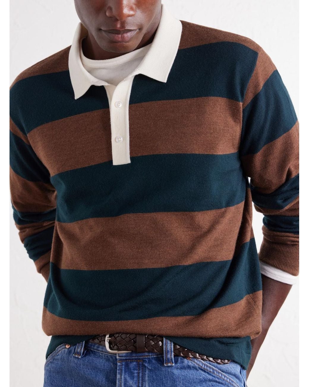 Drake's Blue Striped Merino Wool-Jersey Polo Shirt for men