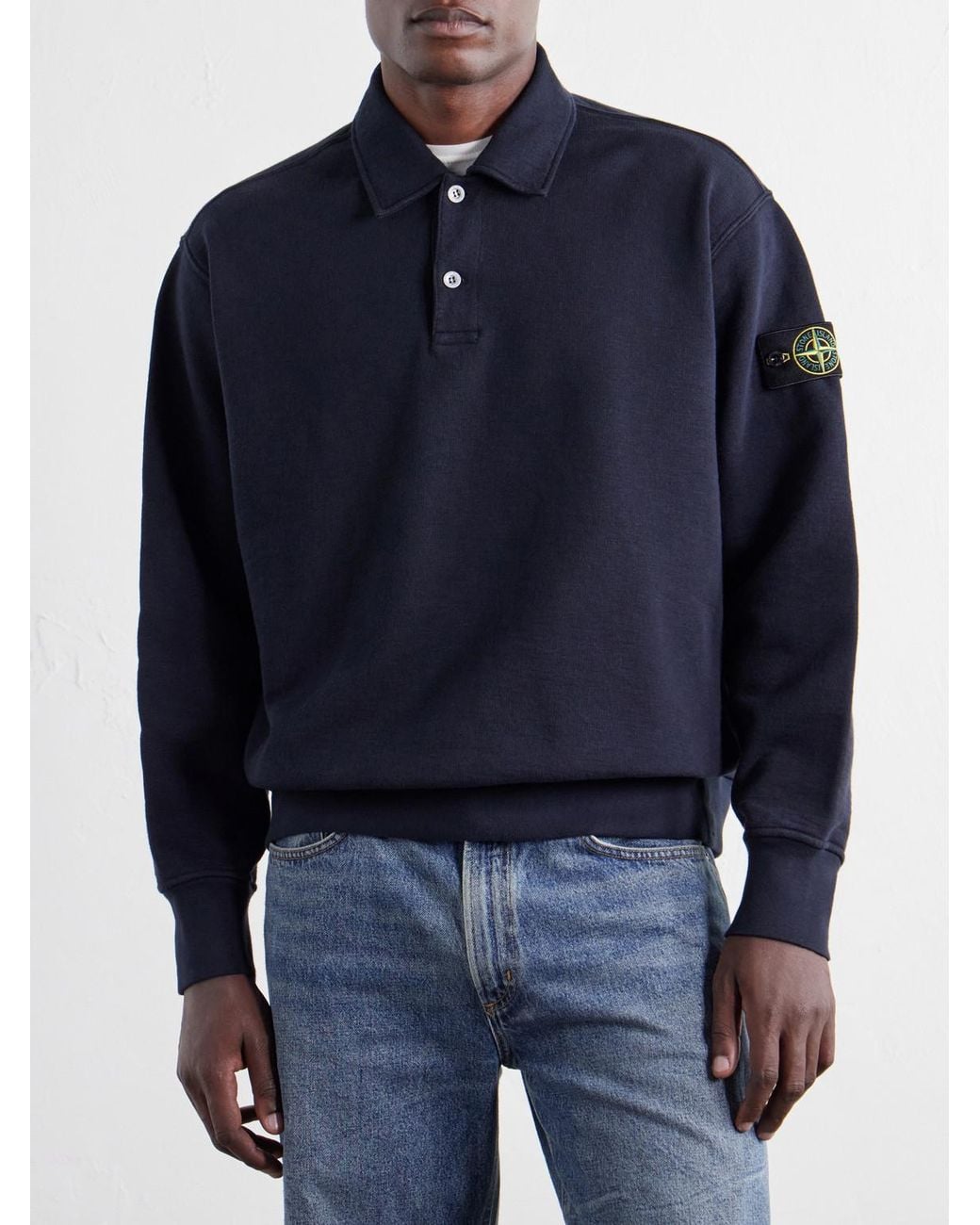 Stone Island Blue Garment-Dyed Tubular Cotton-Fleece Polo Sweater for men