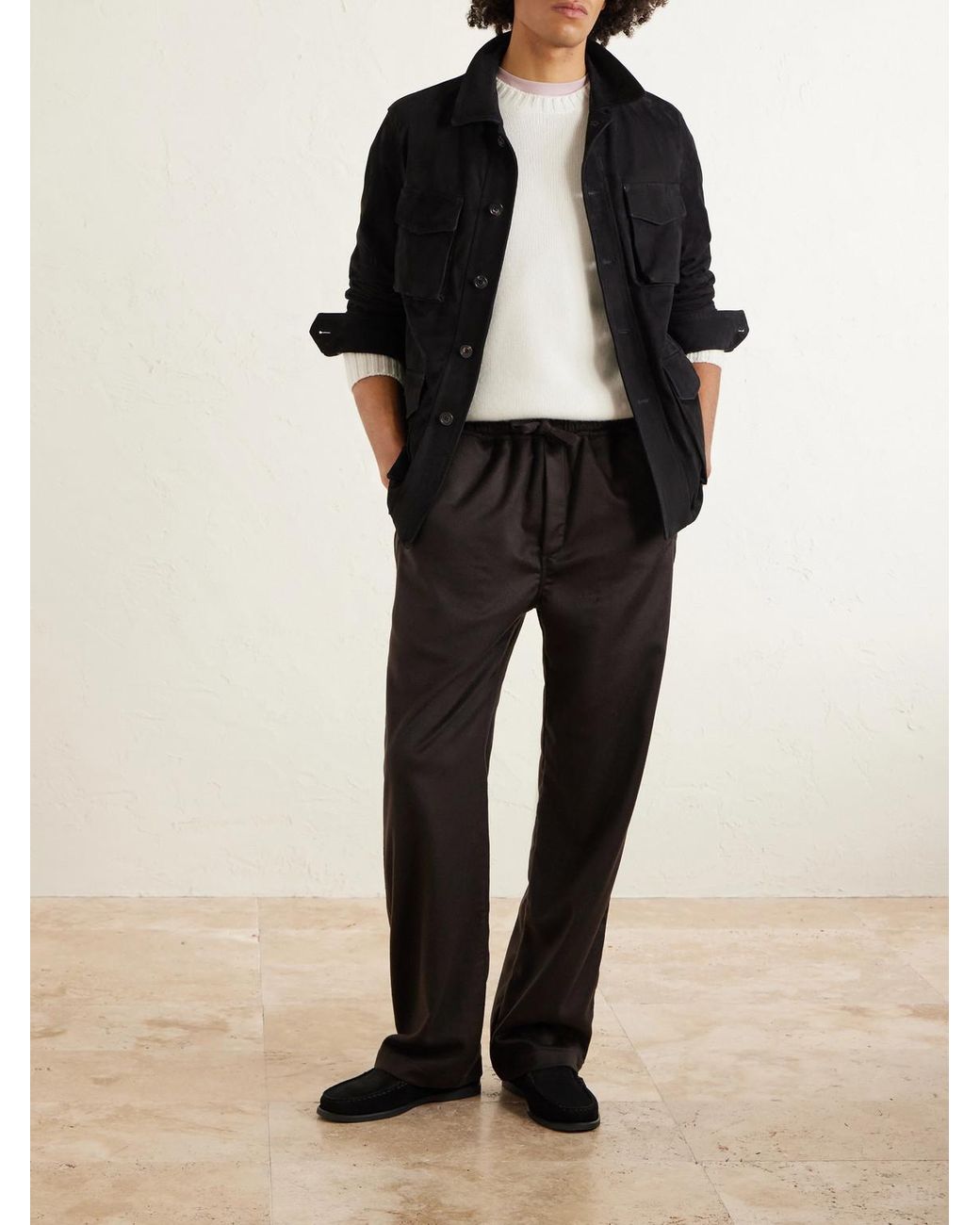 Saman Amel Black Straight-Leg Cashmere Drawstring Trousers for men
